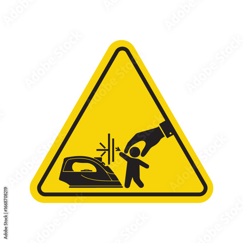 child safety warning near hot iron, caution sign indicating risk of burns and need for adult supervision