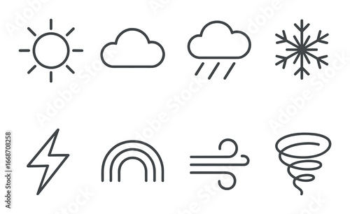 Minimalist weather icons set: sun, cloud, rain, snowflake, lightning, rainbow, wind, tornado