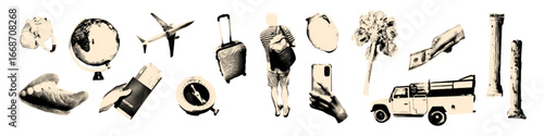 World travel halftone collage elements set with globe, airplane, tourist with suitcase, safari car, palm tree, money, ancient columns, compass for global tourism mixed media design Vector illustration