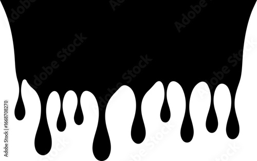 A vector illustration of black liquid dripping, forming various sizes of droplets against a white background. 