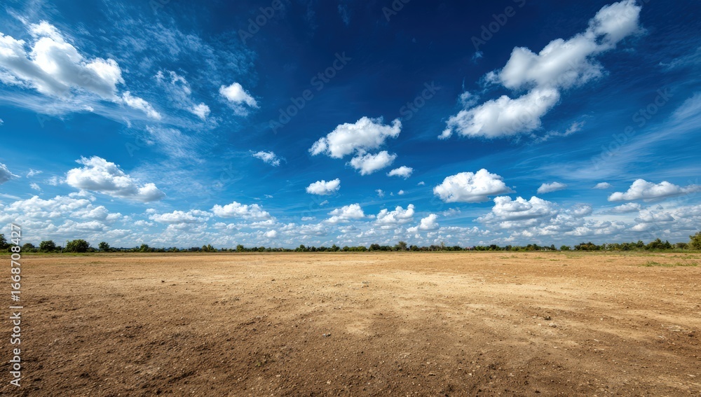 Fototapeta premium Vast expanse of dry, light brown land under a bright blue sky with fluffy white clouds