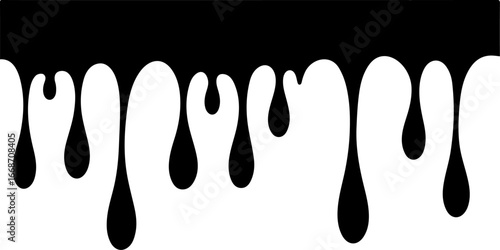 A vector illustration of black liquid dripping, forming various sizes of droplets against a white background. 