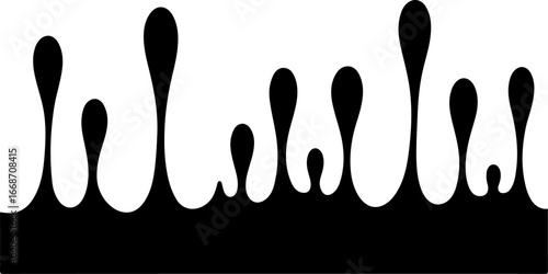 A vector illustration of black liquid dripping, forming various sizes of droplets against a white background. 