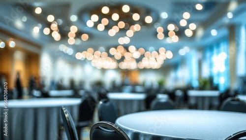 Blurred interior of a large banquet hall with round tables and chairs