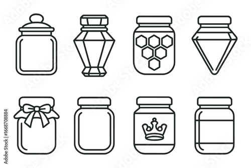 Set of outline jars and bottles in geometric and decorative designs on brown background