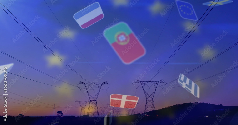 Fototapeta premium Standing electricity pylons linking power grid across hills at dusk, with flag icons