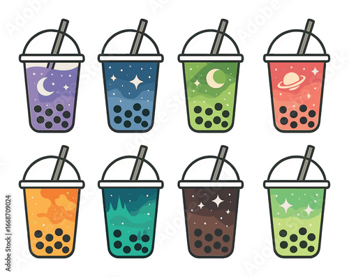 Colorful galaxy-themed bubble tea cups with celestial designs