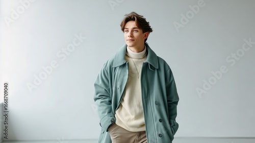 Stylish Young Man in Teal Coat Posing Indoors