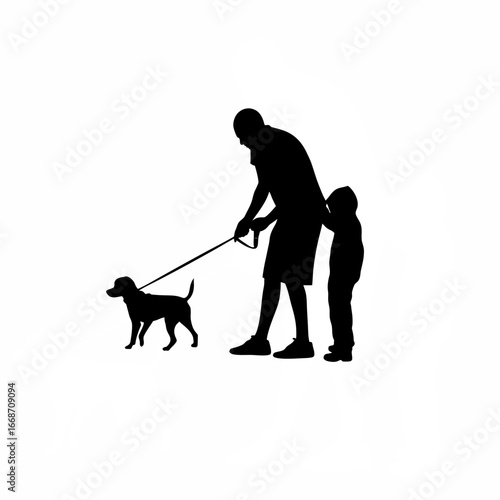 Volunteer protecting child from stray dogs silhouette isolated on white background