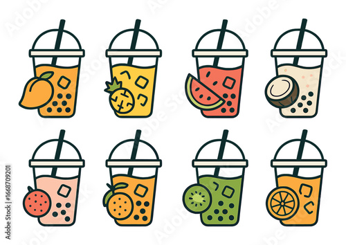 Colorful bubble tea icons with diverse fruit flavors on gradient background