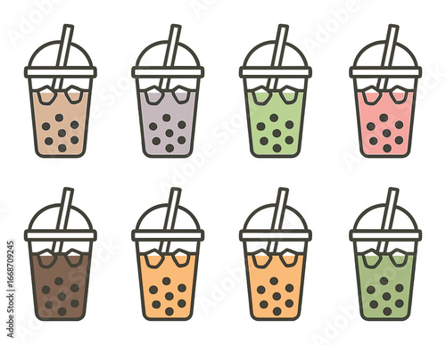 Colorful bubble tea cups with straws in various flavors
