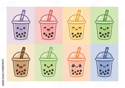Colorful cartoon bubble tea cups illustrated in various flavors