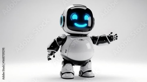 Cute Futuristic 3D Robot Waving with Neon Blue LED Eyes and Mouth – Chubby Humanoid Animation
