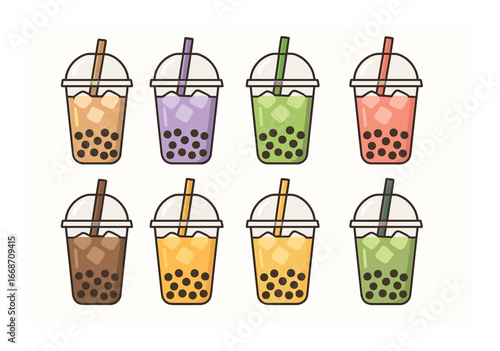 Colorful bubble tea collection with tapioca pearls in various flavors and straws