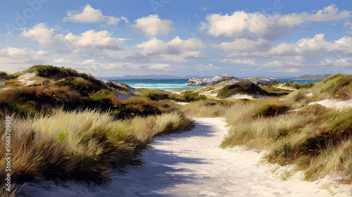 Serene Coastal Landscape with Sandy Path and Rolling Dunes