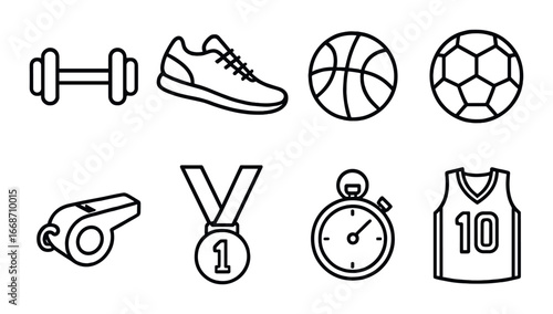 Outline sports icons: dumbbell, sneaker, ball, whistle, medal, stopwatch, jersey