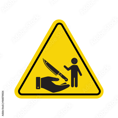 warning sign showing danger of giving knife to child, safety alert icon for hazardous sharp objects