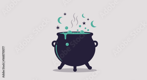 This Flat Design illustration showcases a whimsical witch's cauldron, gently bubbling with steam, surrounded by floating magical elements like stars and crescent moons. 