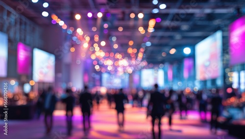 Blurred view of a large convention hall filled with people