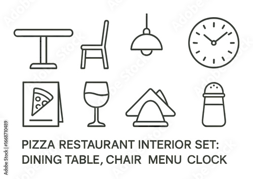 Pizza restaurant interior icons: dining table, chair, menu, clock, glass, lamp, salt shaker