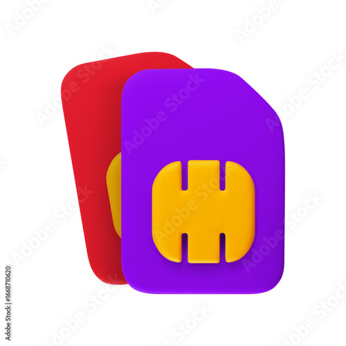Vector cartoon 3d Dual SIM cards concept. Minimal realistic 3d render violet and red mobile phone gsm SIM card with golden circuit chip. Communication technology illustration, gsm network eSIM.