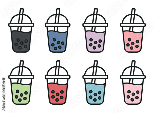 Colorful bubble tea icons in various flavors with straws