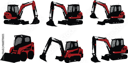 Excavator and loader silhouette set, construction machinery vector, heavy equipment, digger, bulldozer, industrial vehicle, black and red icon collection, building tools