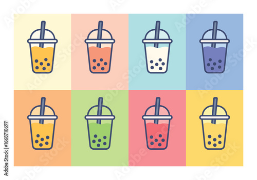 Colorful bubble tea icon set on vibrant pastel backgrounds