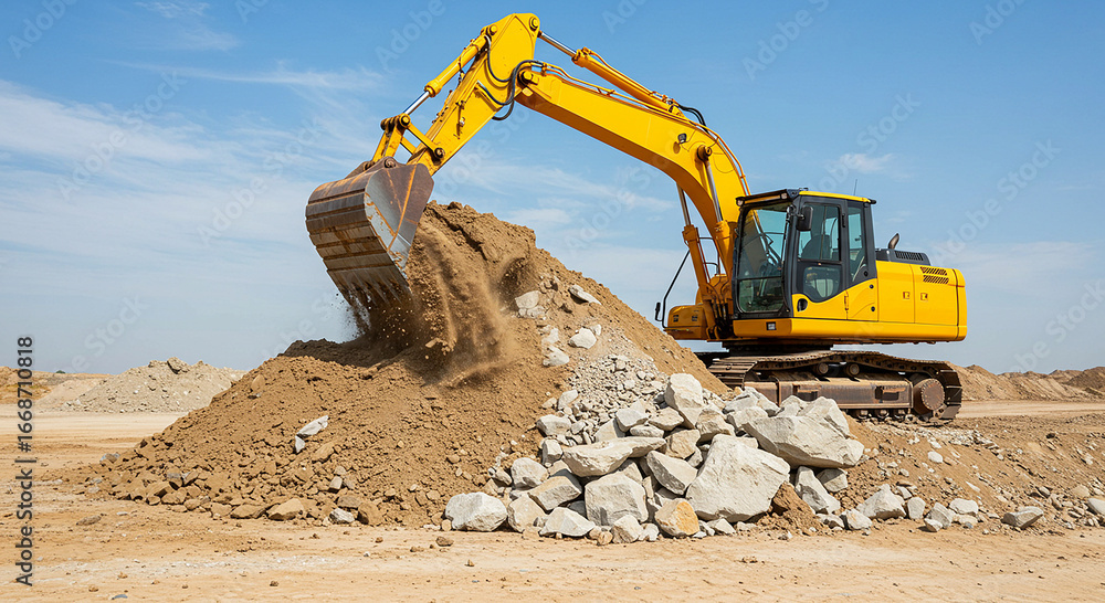 Obraz premium Yellow excavator digging and moving dirt at a construction site