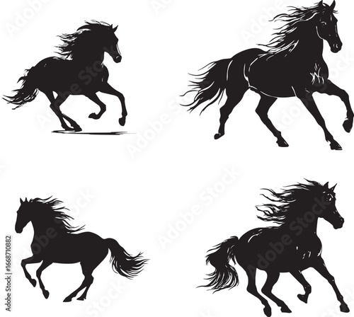 Black silhouette of a galloping horse with a long mane, vector illustration logo clipart on a white background.eps