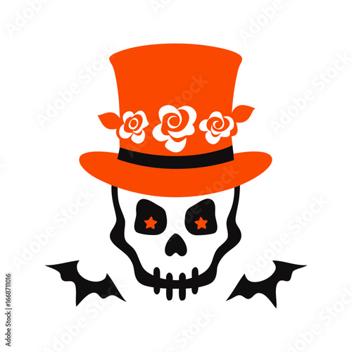 skull wearing Victorian top hat with roses vector art.