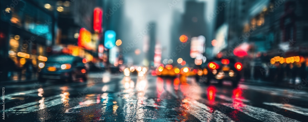 Fototapeta premium Blurry urban street scene at night, wet asphalt