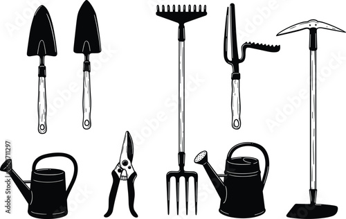 Gardening tools silhouette set, vector illustration, shovel, rake, watering can, shears, pickaxe, fork, garden equipment, farming tool kit, black icon collection