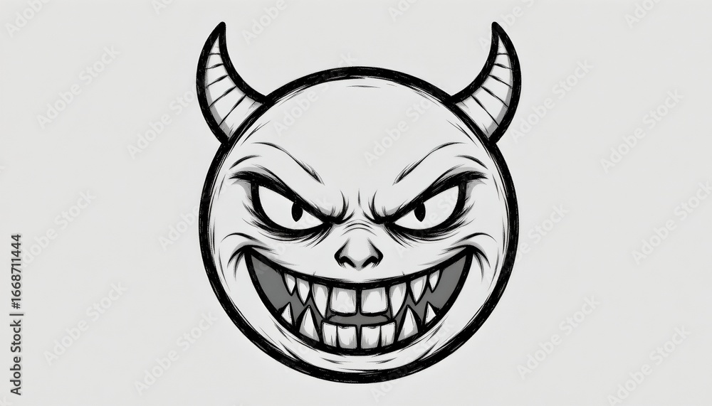 Obraz premium Centered is an illustration of a round, white face with a wide, toothy grin. The eyes are squinted and have dark, furrowed brows