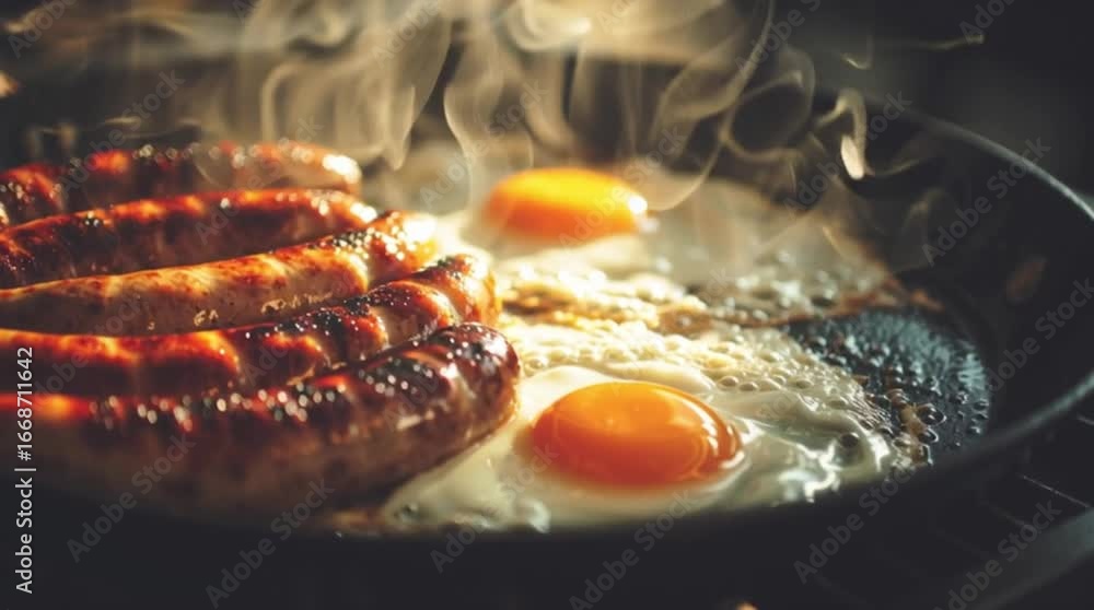 custom made wallpaper toronto digitalClassic breakfast with sizzling sausages and fried eggs in frying pan, hot steam rising, traditional morning meal close up, rustic cooking concept with delicious food texture details