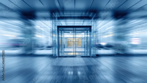 Modern glass doorway in a business building.  Fast-motion blur