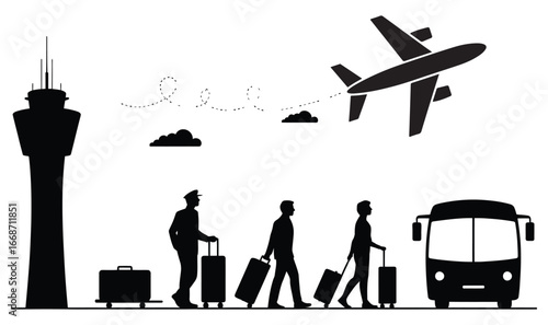 Airport Scene Silhouette with Tower Plane Passengers Luggage and Shuttle Bus Depicting Travel and Transportation Theme