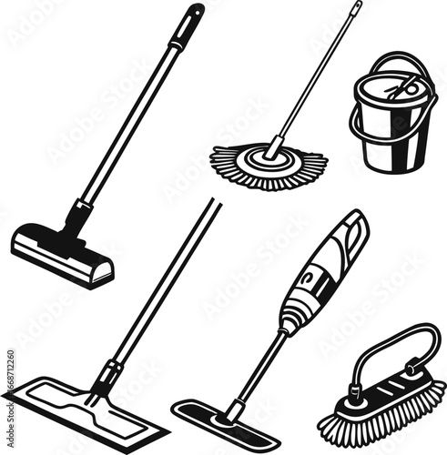 Collection of household cleaning tools including mops buckets and brushes
