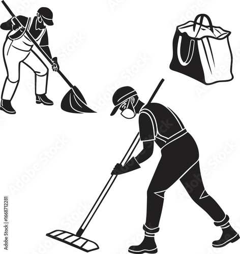 Janitorial team cleaning and tidying up with mops and brooms for a pristine environment