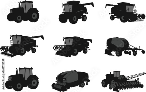 Tractor silhouette set, farming equipment, combine harvester, agricultural machinery, modern seeder, plowing tools, black farm vehicle illustration, agriculture machines