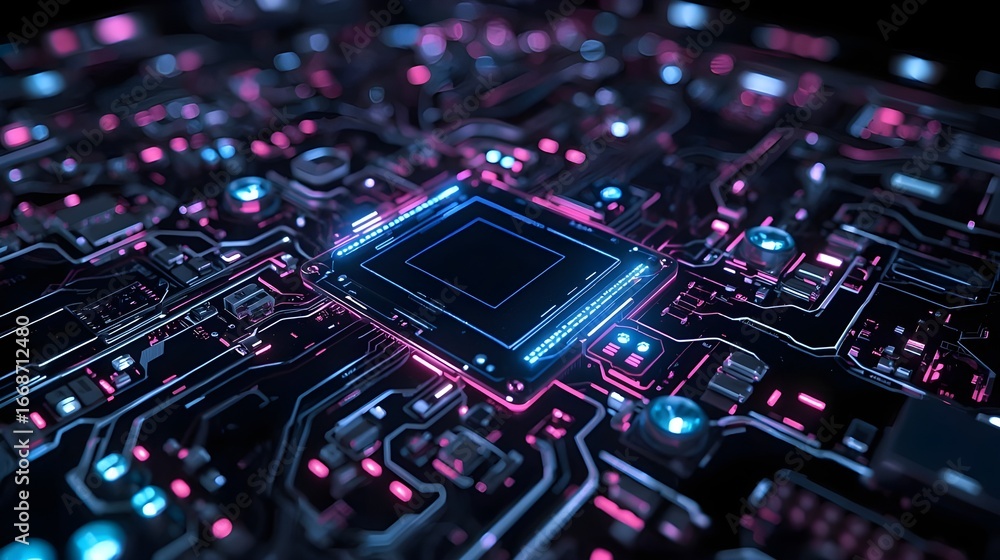 Fototapeta premium Abstract Cyber-Tech Background with Intricate Glowing Circuit Patterns, Neon Blue and Purple Lights, Reflective Metallic Surfaces, High-Tech Energy Flows, Cinematic Lighting, Futuristic Motherboard 