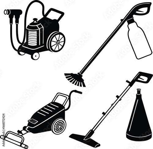 Collection of four cleaning appliances including carpet cleaners and steam mops for home care