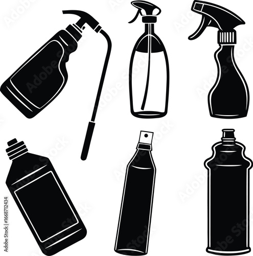 Collection of cleaning spray bottles silhouette icons for household chores and sanitization