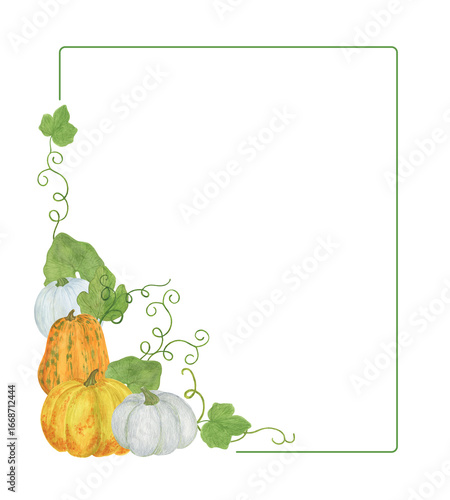 Autumn element arrangement thin square frame pumpkin, green, leaves, vine, seasonal fall holiday watercolor floral illustration for Halloween, Thanksgiving party decor, for invitation, greeting card