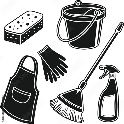Essential cleaning supplies set broom mop bucket sponge gloves and apron iconography