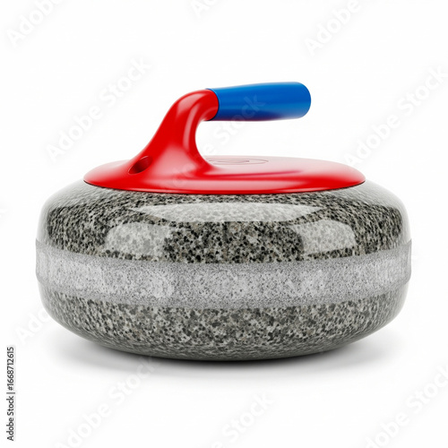 Curling stone with red and blue handle on white background