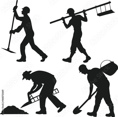 Silhouetted construction workers in action performing various manual labor tasks