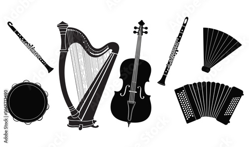 A Collection of Silhouetted Musical Instruments Black and White Composition Featuring Harp Violin Accordion Tambourine and Two Flutes