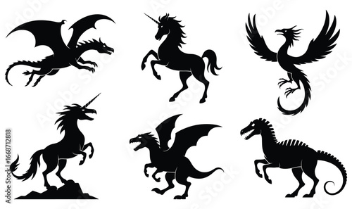 Silhouette Collection of Mythical Creatures Dragons Unicorns and a Phoenix Fantasy Animals in Black and White Graphic Representations