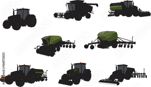 Tractor vector set, farming equipment, combine harvester, agricultural machinery, modern seeder, plowing tools, farm vehicle illustration, green agriculture machines, farming equipment collection